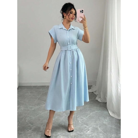 Women's Light Blue Collared Midi Vacation Dress, Spring/Summer