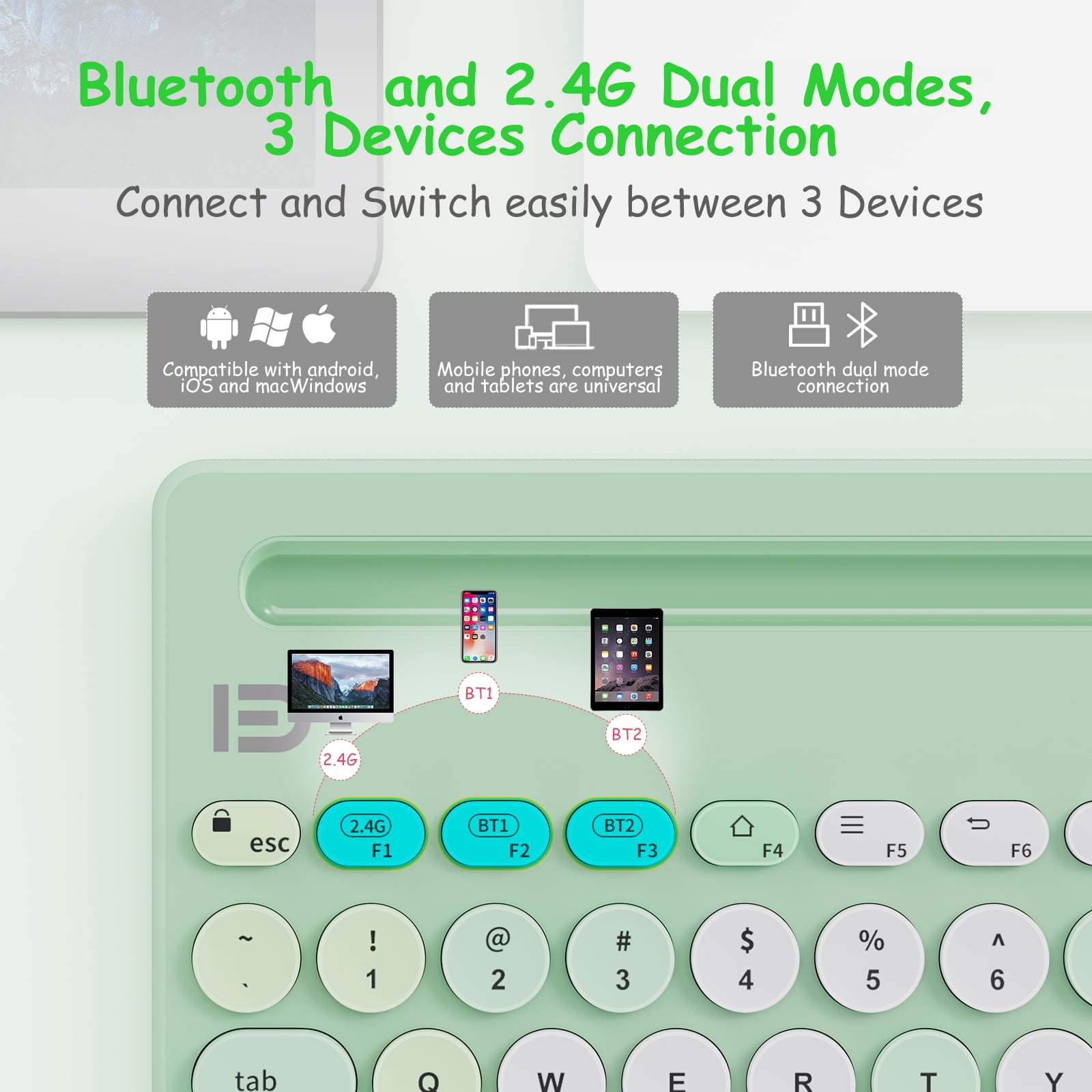 Wireless Keyboard Multi-Device, Bluetooth and 2.4G Dual Mode, Switch to 3 Devices for Cellphone, Tablet, PC, Smart TV, MacBook iOS Android Windows, Green