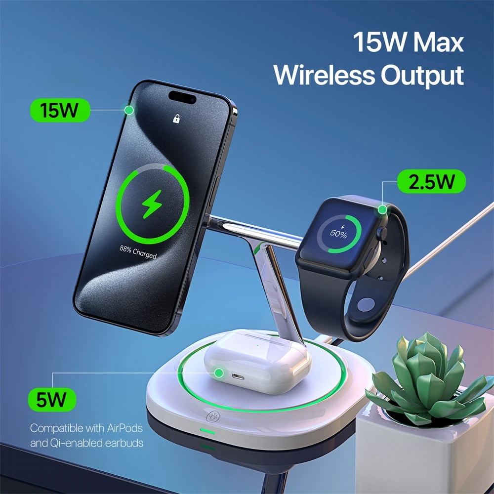 3 in 1 15W Magnetic Wireless Charging Blocks for Smartphones Smartwatches & Earbuds Desk Charging Station-White