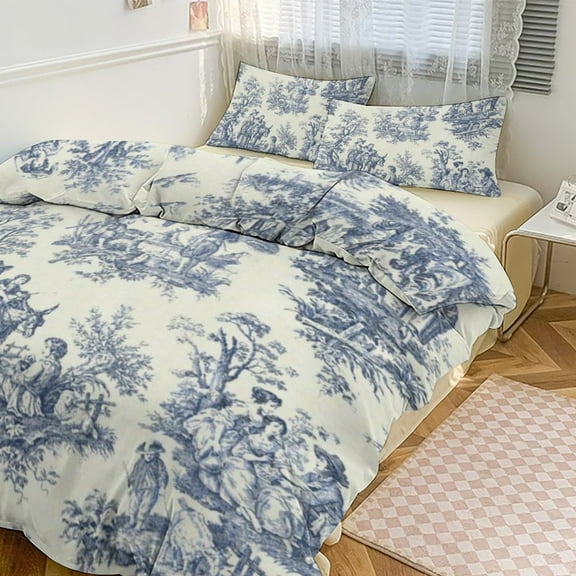 3 Pcs Soft Bedding Set, Includes 1 Duvet Cover with Zipper And 2 Pillow Shams,Powder Blue French Toile Picnic Designs Twin(86"x70")