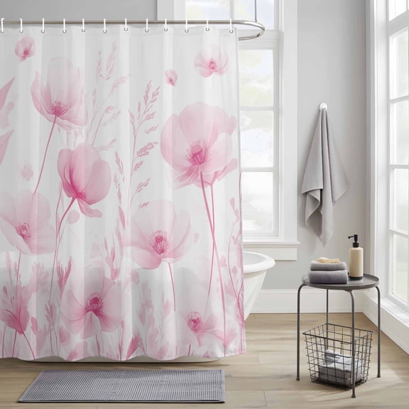Bathroom Shower Curtain Pink Flower Spring Watercolor Floral Waterproof Shower Curtains with Hooks, Farm Plant on White Bath Curtains Bathtub Curtain Home Decor 36x72in