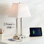 Possini Euro Design Amity Modern Table Lamp 26 High Brushed Nickel with USB and AC Power Outlet in Base White Linen Shade for Bedroom Bedside Desk
