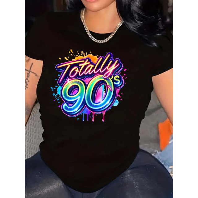 Retro '90s Neon Graphic Tee for Women - Vibrant Splash Design, Short Sleeve Crew Neck, Casual Cotton Top, Machine Washable, Perfect for Summer & Spring