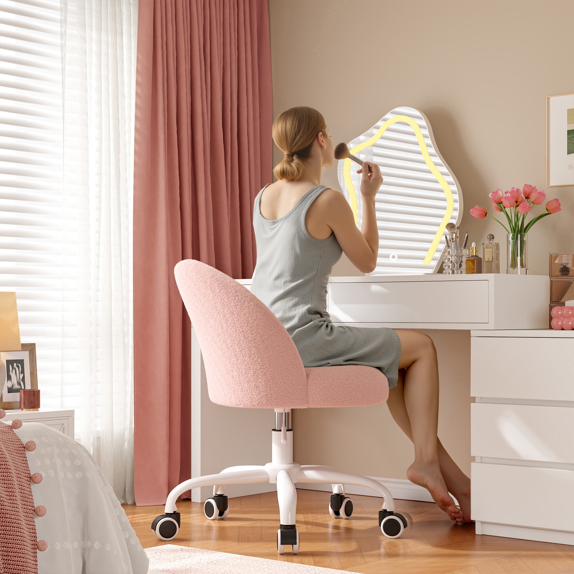 Romorgniz Vanity Chair Height Adjustable Desk Chair with Wheels, Armless Office Chair with Soft Lumbar Support for Small Space, Bedroom, Home office, Blush Pink