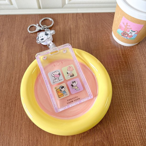 Llavero con funda de acrílico transparente antipérdida con diseño de Snoopy, Charlie Brown y Peanuts de Kawaii, portatarjetas de identificación, bolsa con colgante, regalo para niñas