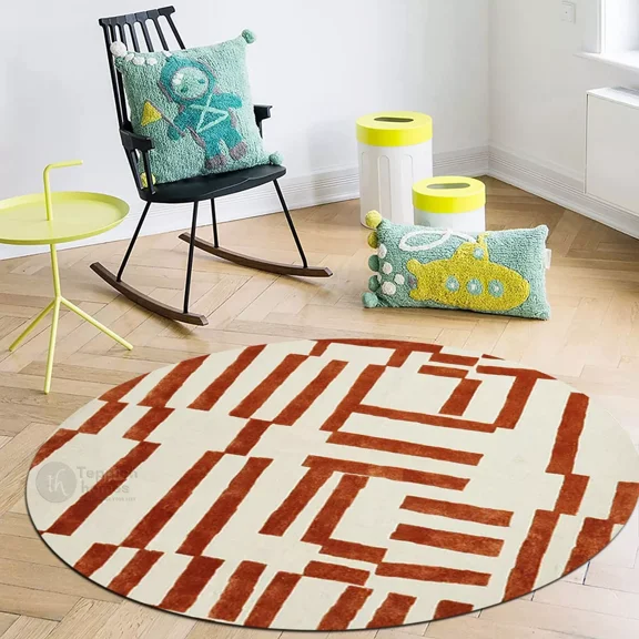 Tufted rug 5x5, Off White and Maroon color, Round carpet, Bed, Living, room, Handmade area rugs