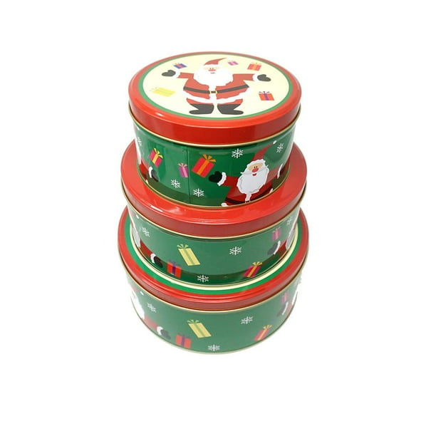 Round Santa Christmas Cookie Tin Containers, 3Piece