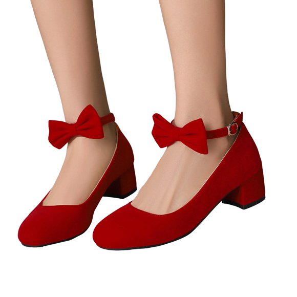 Bow Ballet Flats Dress Shoes for Women Bride Suede Round Toe Bowknot Ankle Strap Bridal Wedding Chunky Low Heels