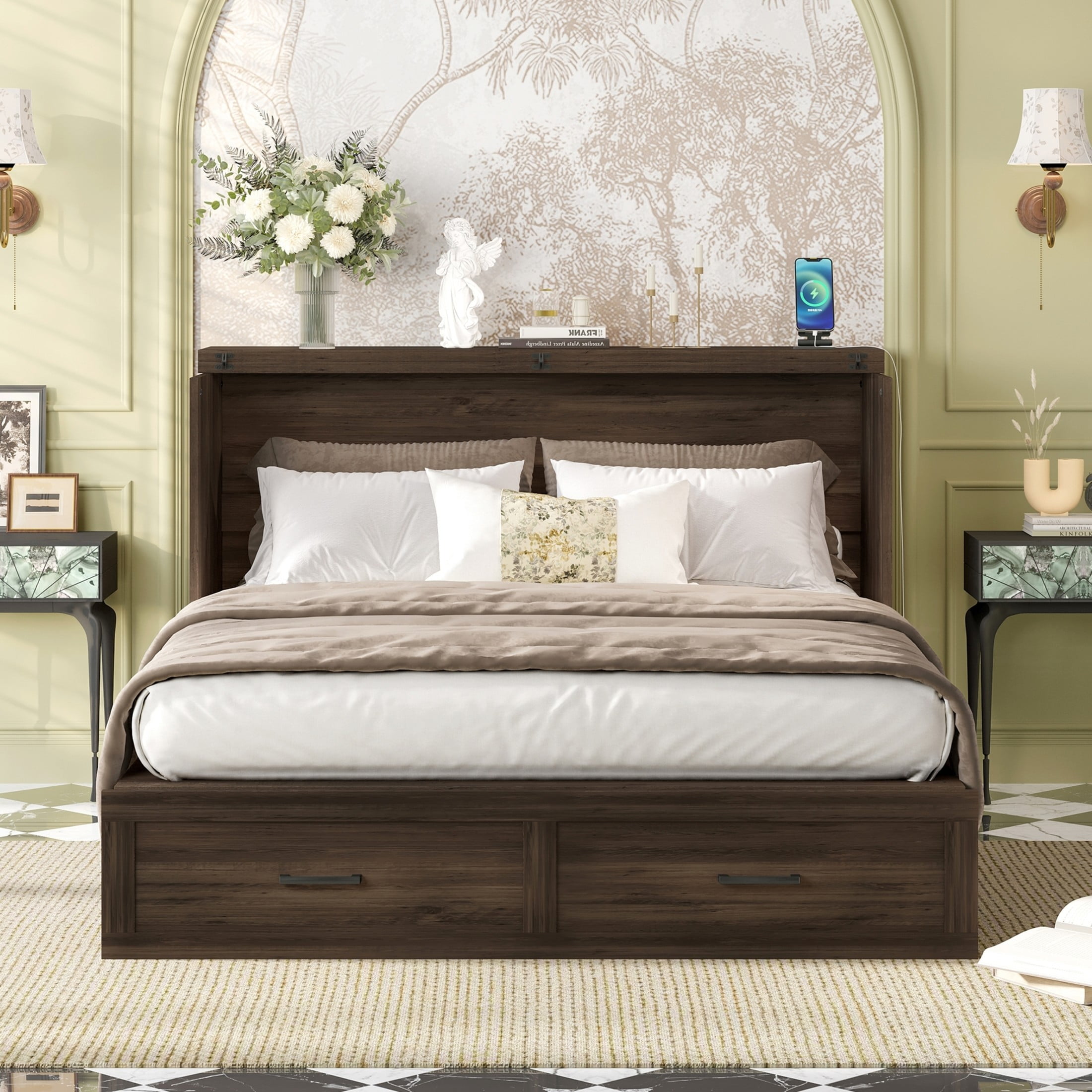 Noble House Queen Size Farmhouse Murphy Cabinet Bed with Charging Station and Storage Drawer, Foldable Platform Bed,Gray