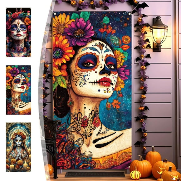 Bowayaoa Halloween Day of the Dead Door Cover, Festive Door Decoration, Spooky Mexican Sugar Skull Theme Decorative Door Hanging for Halloween Party
