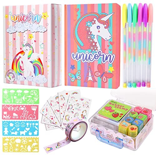 Diario Unicornio YOYTOO Niñas, Set Papelería Unicornio, Cuaderno, Bolígrafo, Pegatinas, Set Mini Sellos, Plantillas, Regalo Dibujar y Escribir Niños 4-12
