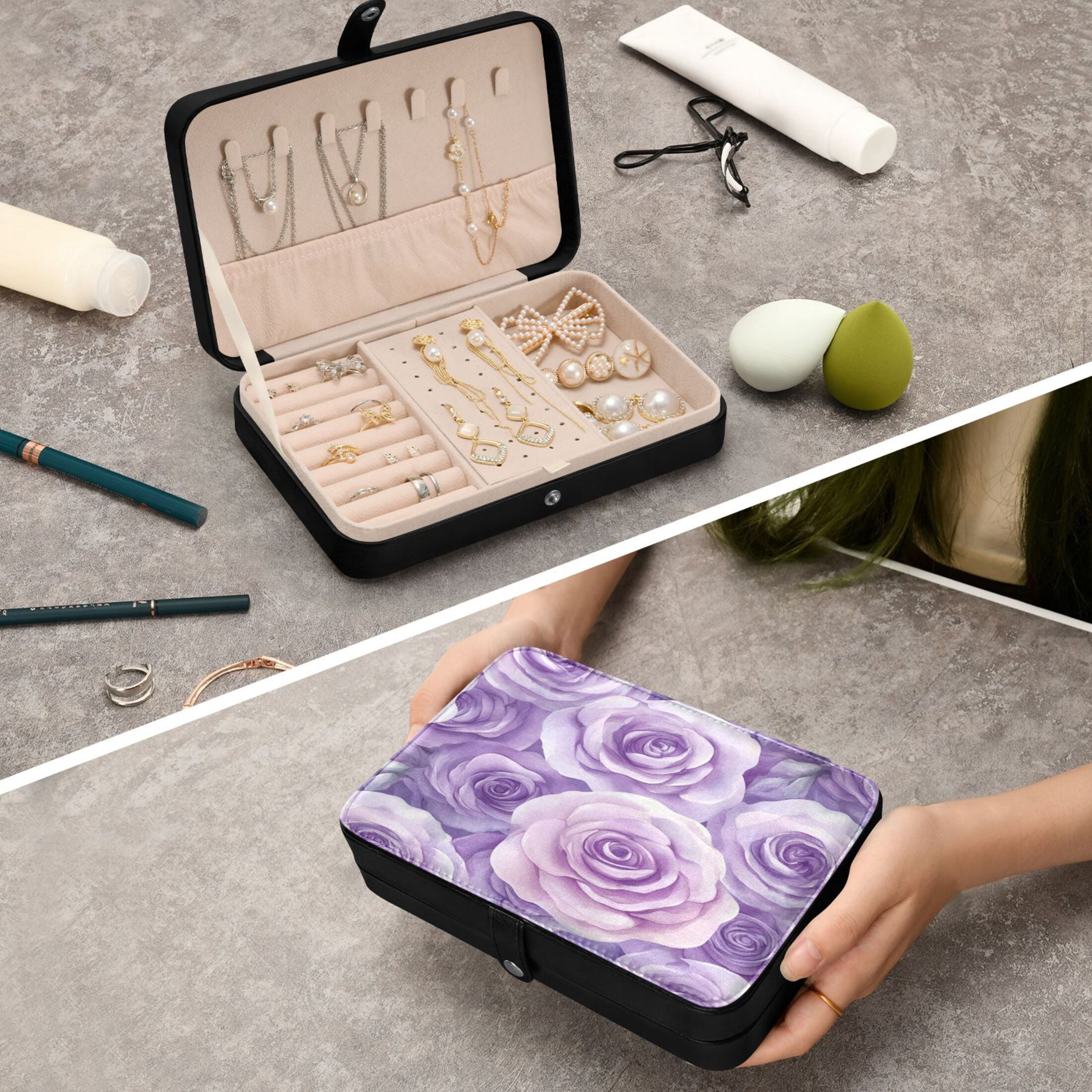 Leather Jewelry Box Rectangular 8.27x5.5x1.78In Travel Jewelry Storage Earrings Necklace Bracelet Watch Brooch Storage Purple Roses