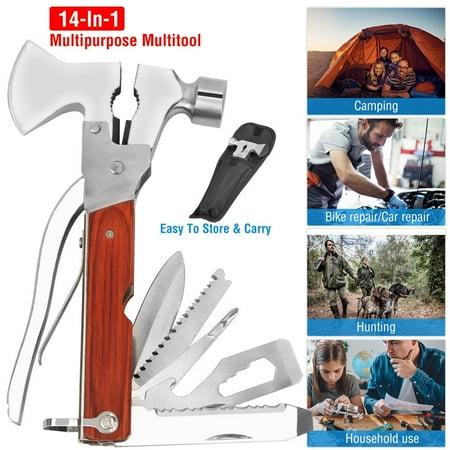 Lindbes Camping Gear Multitool 14-in-1 Survival Gear for Outdoor Hunting Hiking Emergency Escape Tool with Axe Hammer Plier Knife Bottle Opener Cool&Unique Valentine's Day Gifts for M