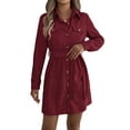 thumbnail image 3 of Women'S Collar V Neck Button Down Pleated Long Sleeve Mini Shirt Dress with Belt Wine Red XL, 3 of 9
