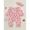 thumbnail image 5 of Newborn Baby Girl Valentines Day Outfit Bow Heart Ruffle Cotton Linen Jumpsuit  Long Sleeve Romper Playsuit with Headband, 5 of 8