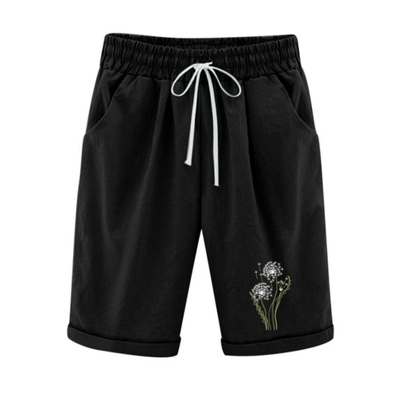 IROINNID Bermuda Shorts for Women Summer Printed Five Points Large Size Cotton Linen Pants Pants Shorts,Black