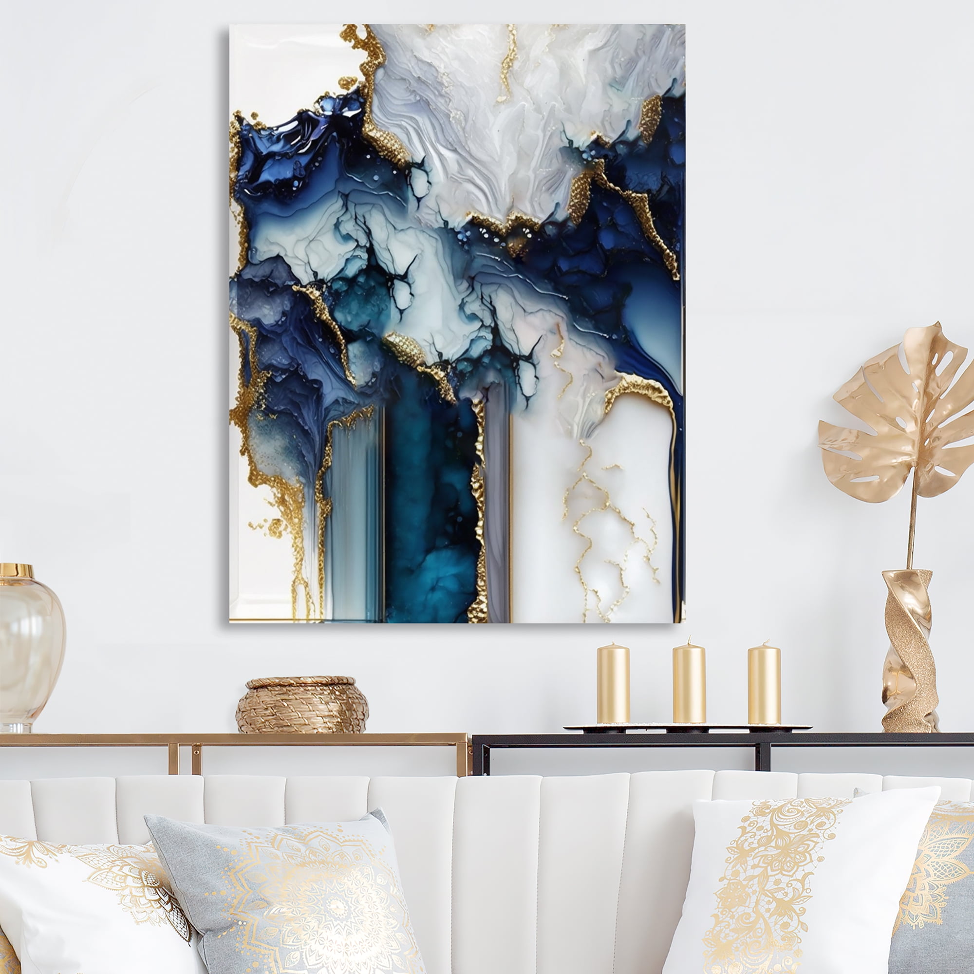 Designart Abstract Geode White And Blue Marble I Canvas Wall Art