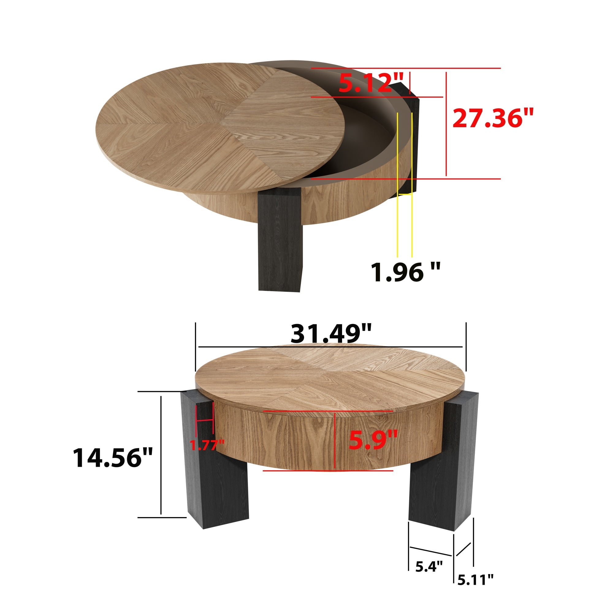 1PCS Round Coffee Table with Hidden Storage Compartment, Modern Wood Veneer Accent Center End Table with 3 Block Legs