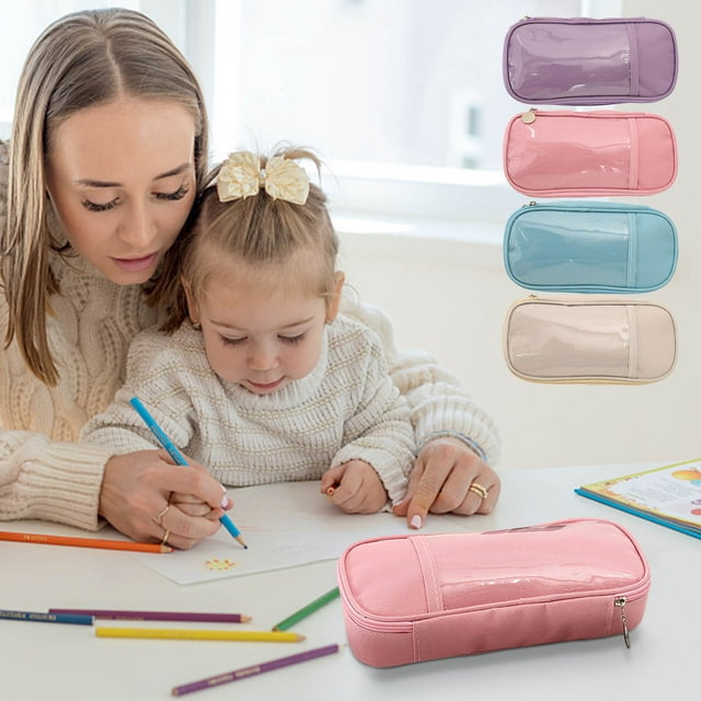 Estuche de lona de gran capacidad para colegio y oficina - Bolsa transparente para lápices adorables con asa fácil de llevar para estudiantes y almacenamiento de material de papelería
