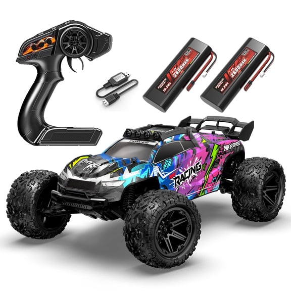 1/8 Scale RC Car 50KM/H High Speed Remote Control Off Road Truck, 2WD All Terrain Racing Buggy with 2.4GHz Full Proportional Control, 45A Waterproof ESC, Dual 7.4V 2600mAh Li-ion Batteries, LED Light