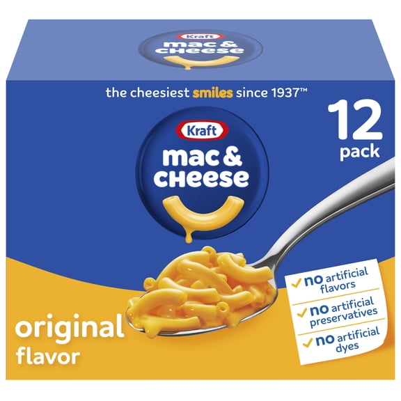 Kraft Mac and Cheese, 12 Boxes, for Easy Dinner or Dinner Sides, Original Flavor, No Artificial Flavors, Preservatives or Dyes, 7.25 oz