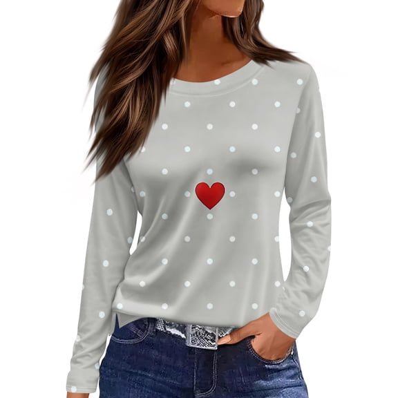 Garbnen Polka Dot Womens Valentines Day Tops Heart Printed Womens Crew Neck Shirts Long Sleeve Spring Womens Graphic T Shirts
