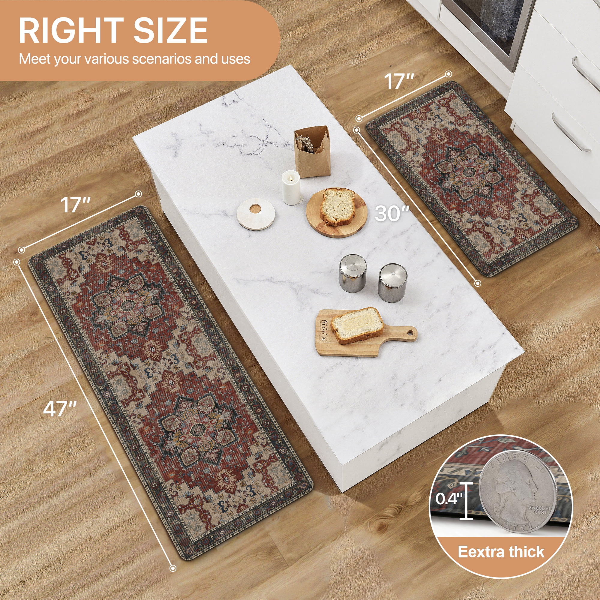 KUETH Kitchen Mats for Floor, Kitchen Rug with Anti Fatigue, Non Slip Washable Kitchen Rug, Set of 2 Kitchen Mat 17"x47"+17"x30", Runner Rug with Waterproof for Bathroon and Bedroom
