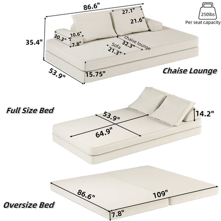 Living Room Sofas 86.6 Multifunctional Convertible Sofa Bed with 2 Removable Backrests and 2 Pillows Fuffy Chenille Fabric Sofa Chaise Lounge Game Pad DIY Modern Upholstered Couch Deep Seat Couch for