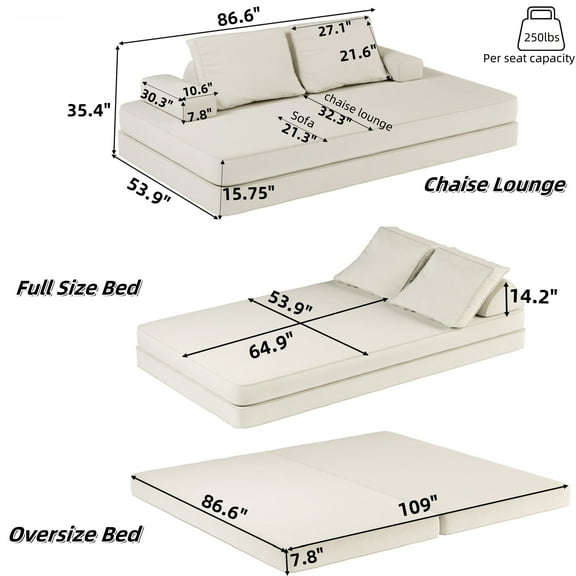 Living Room Sofas 86.6"Multifunctional Convertible Sofa Bed with 2 Removable Backrests and 2 Pillows,Fuffy Chenille Fabric Sofa,Chaise Lounge,Game Pad,DIY Modern Upholstered Couch,Deep Seat Couch for