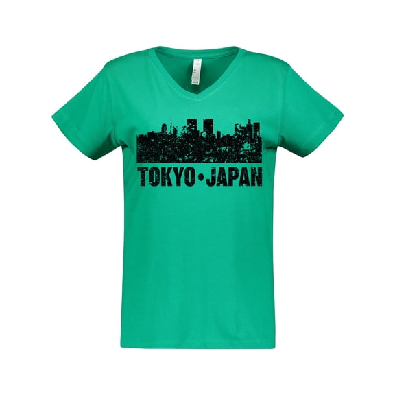 Inktastic Tokyo Japan City Skyline with Grunge Women's V-Neck T-Shirt