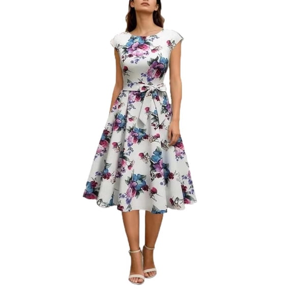 XUNKUSGA Wedding Guest Dresses for Women Modest Vintage Print Prom Dresses Classic Crewneck Cap Sleeves Tiewaist Cocktail Dresses for Women,White,S