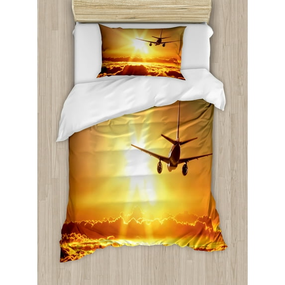 Scenery Twin Size Duvet Cover Set, Aeroplane Aircraft Widebody Jet Flying on Air Rising Sun with Fluffy Clouds Art, Decorative 2 Piece Bedding Set with 1 Pillow Sham, Multicolor, by Ambesonne