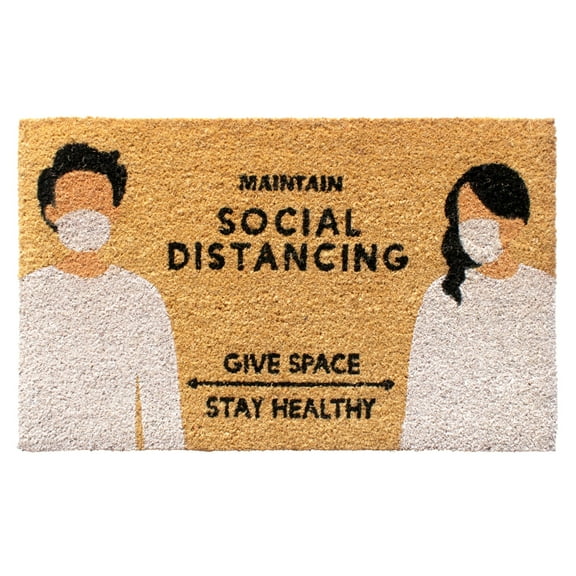 RugSmith White Machine Tufted Maintain Social Distancing Doormat, 18" x 30"