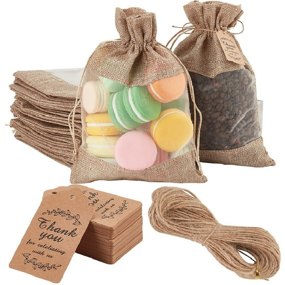 1set 25pcs Burlap Packing Pouches Drawstring bag with Organza Visual Window for Valentine Birthday Wedding Party Candy Wrapping Tan 23.2x16.2x0.2cm Mixed Color
