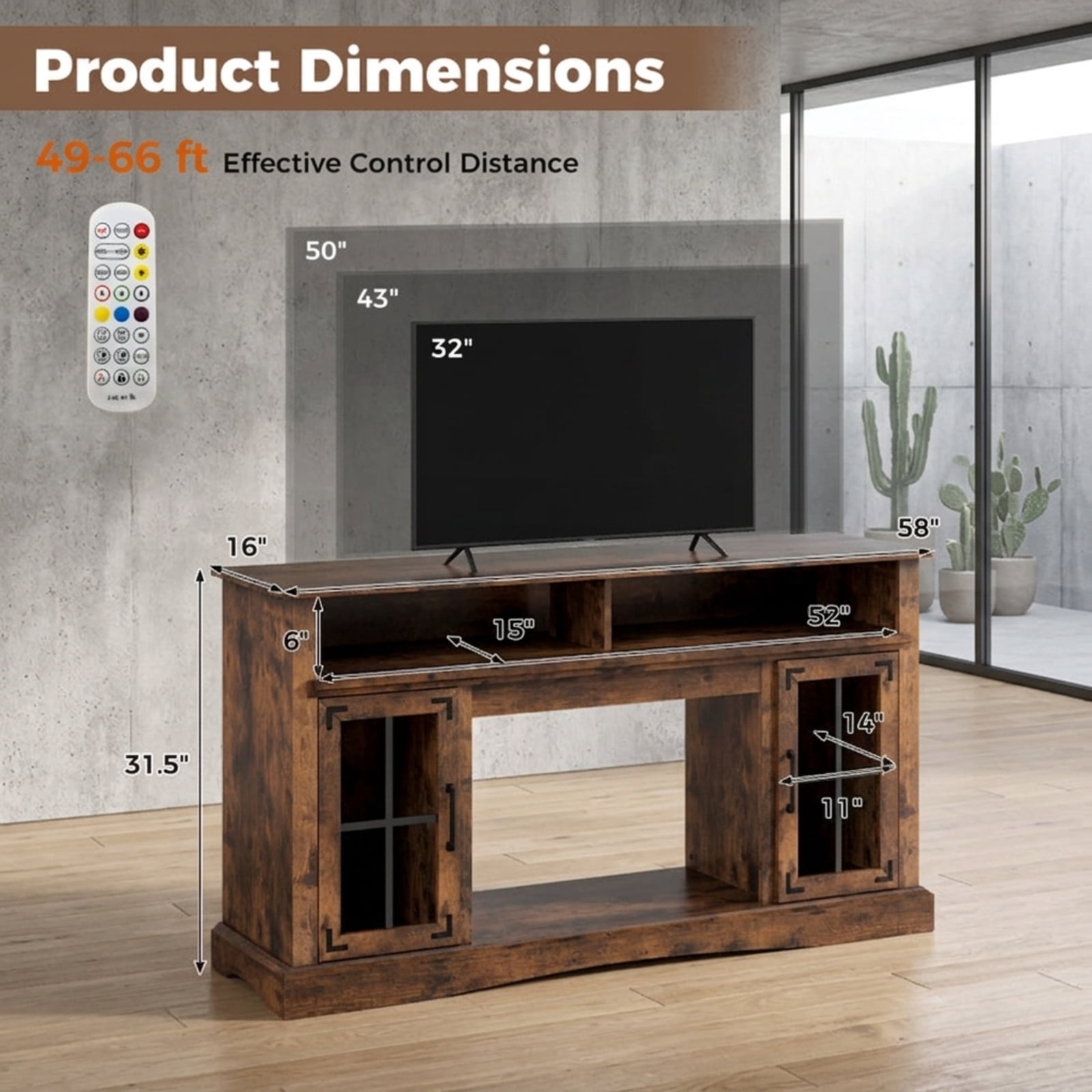 Furnibear 58 Inch TV Stand Entertainment Center with LED Lights and Remote Control Adjustable Shelf and Storage for Living Room, Rustic Brown