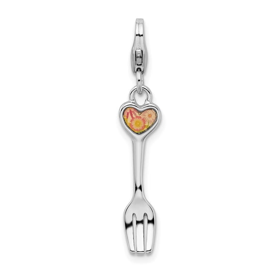 Sterling Silver Fork Pendant Charm for Women with Heart and Floral Design, Playful Culinary Jewelry for Necklace or Bracelet, Colorful Symbol of Love and Whimsy