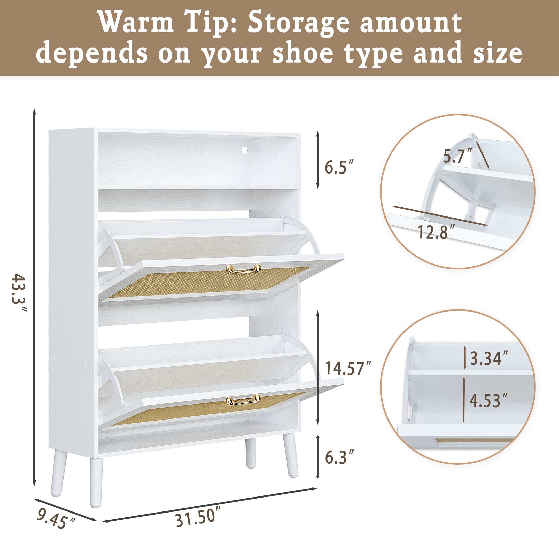 UHOMEPRO Shoe Cabinet with Rattan Flip Drawers, Shoe Organizer with LED Strip for 20 Shoes, Freestanding Tipping Bucket Shoe Storage Cabinet for Entryway, White