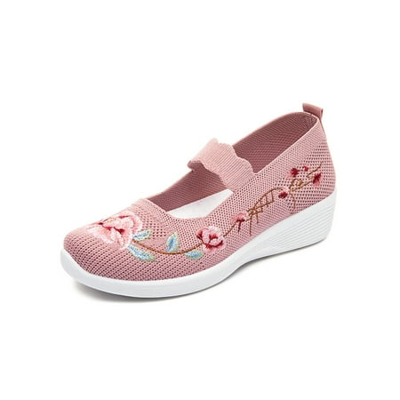 

Lacyhop Ladies Casual Shoe Slip On Loafers Embroidered Walking Shoes Outdoor Non-slip Mary Jane Sneaker Comfort Wedge Pink 7.5