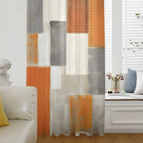 Burnt Orange Semi Sheer Curtains Drapes for Living Room,Bedroom,French Doors Window 54 Inches Long,Grey Modern Abstract Art Oil Painting Geometric Rod Pocket Chiffon Curtain Drapery Voile Panel