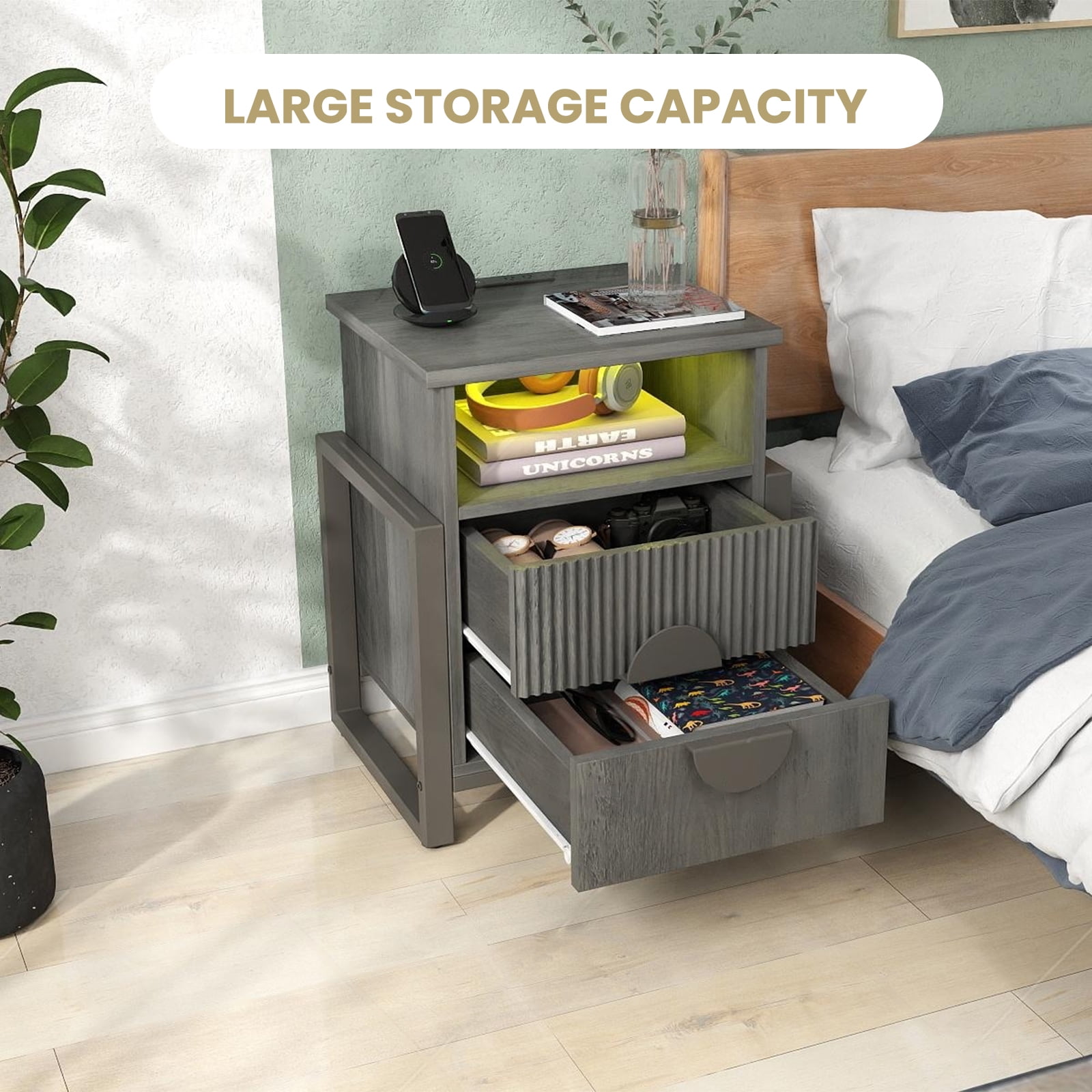 Holliwill Nightstand with Charging Station Set of 2, 2 Drawer Dresser for Bedroom with LED Light, Fluted Bedside Table End Table Side Table for Living Room, Gray