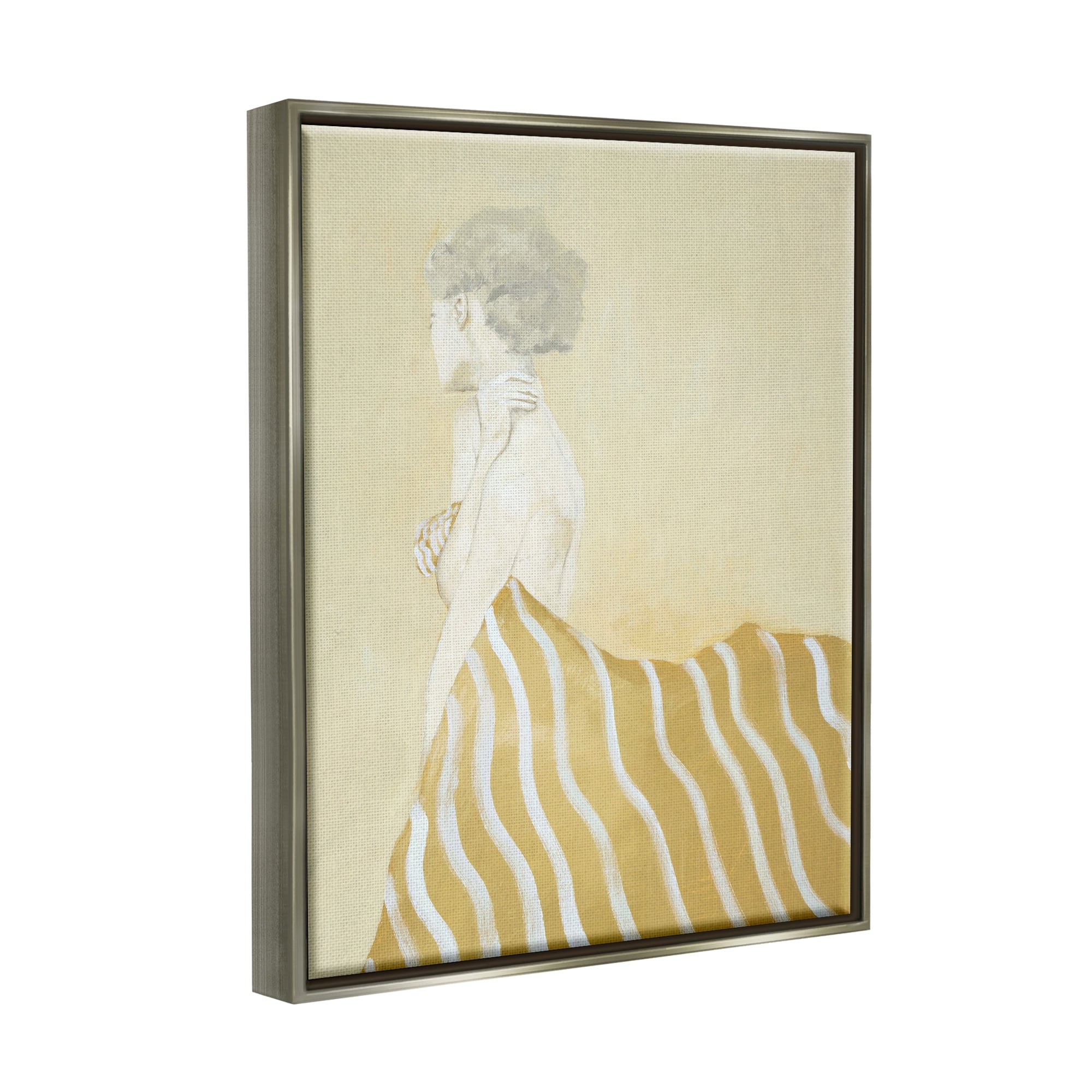 Stupell Industries Woman in Stripes Painting Beauty & Fashion Painting Gray Floater Framed Art Print Wall Art, 17 x 21