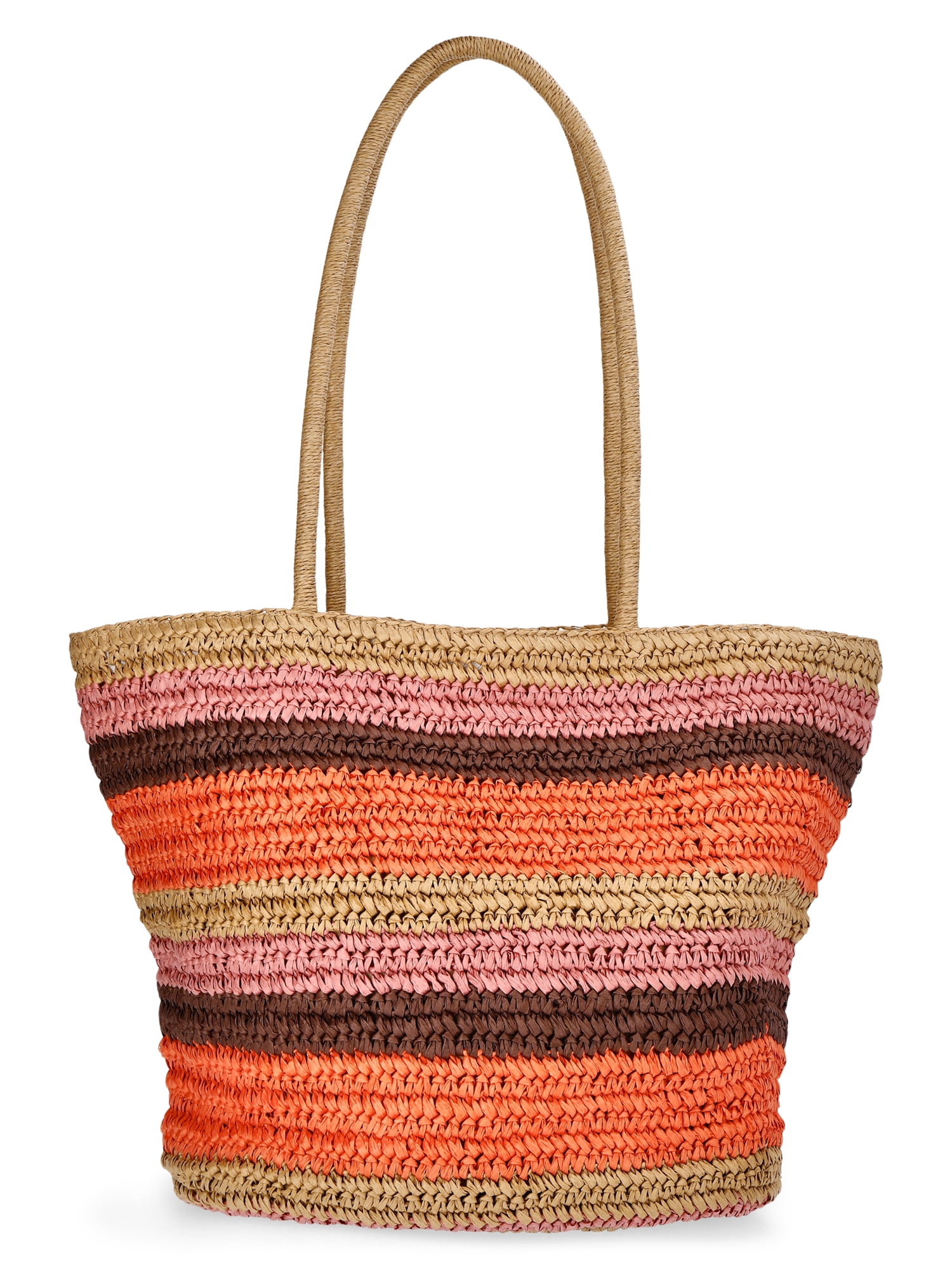 Time and Tru Women's Striped Straw Tote Bag, Peach