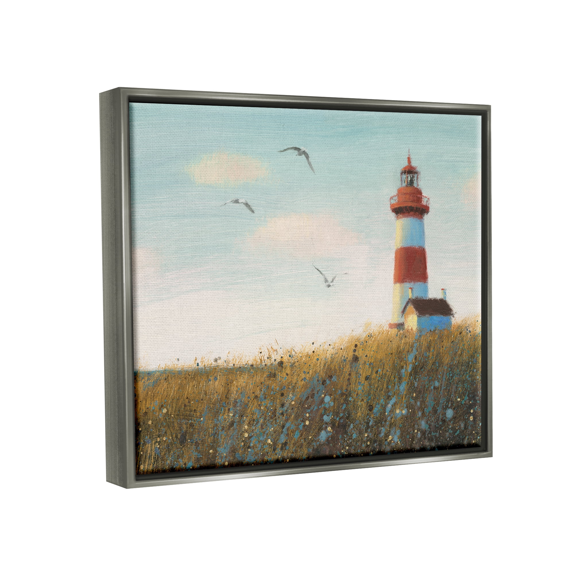 Stupell Industries Coastal Lighthouse Painting Nature Painting Gray Floater Framed Art Print Wall Art, 31 x 25