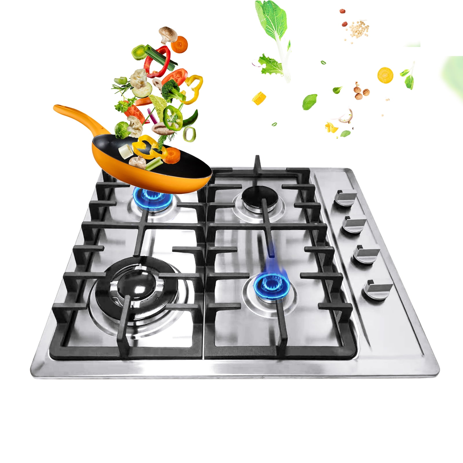 Gas Cooktop NG/LPG Gas Stove Cooktop Stove Burner Tempered Glass Cook Top Built in 4 Burners Gas Hob Grate Stovetop Cooker 4 Burners, 23 x 20 