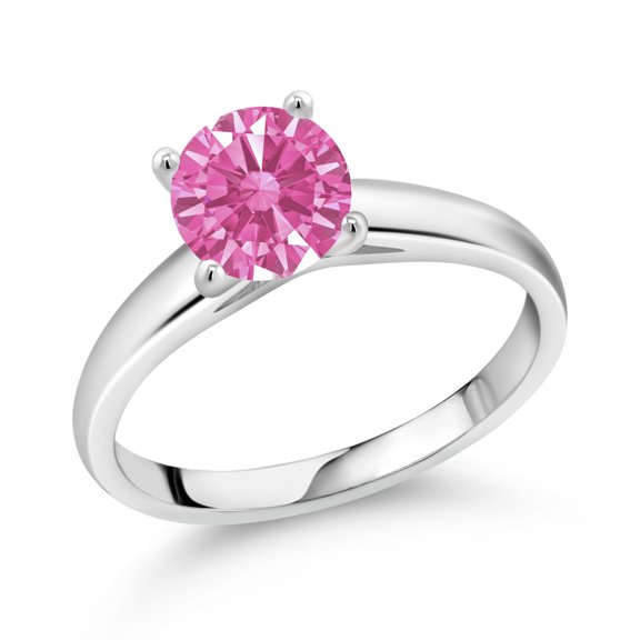 Gem Stone King 10K White Gold Solitaire Ring Set with 7mm Round Pink Zirconia (Size 7)