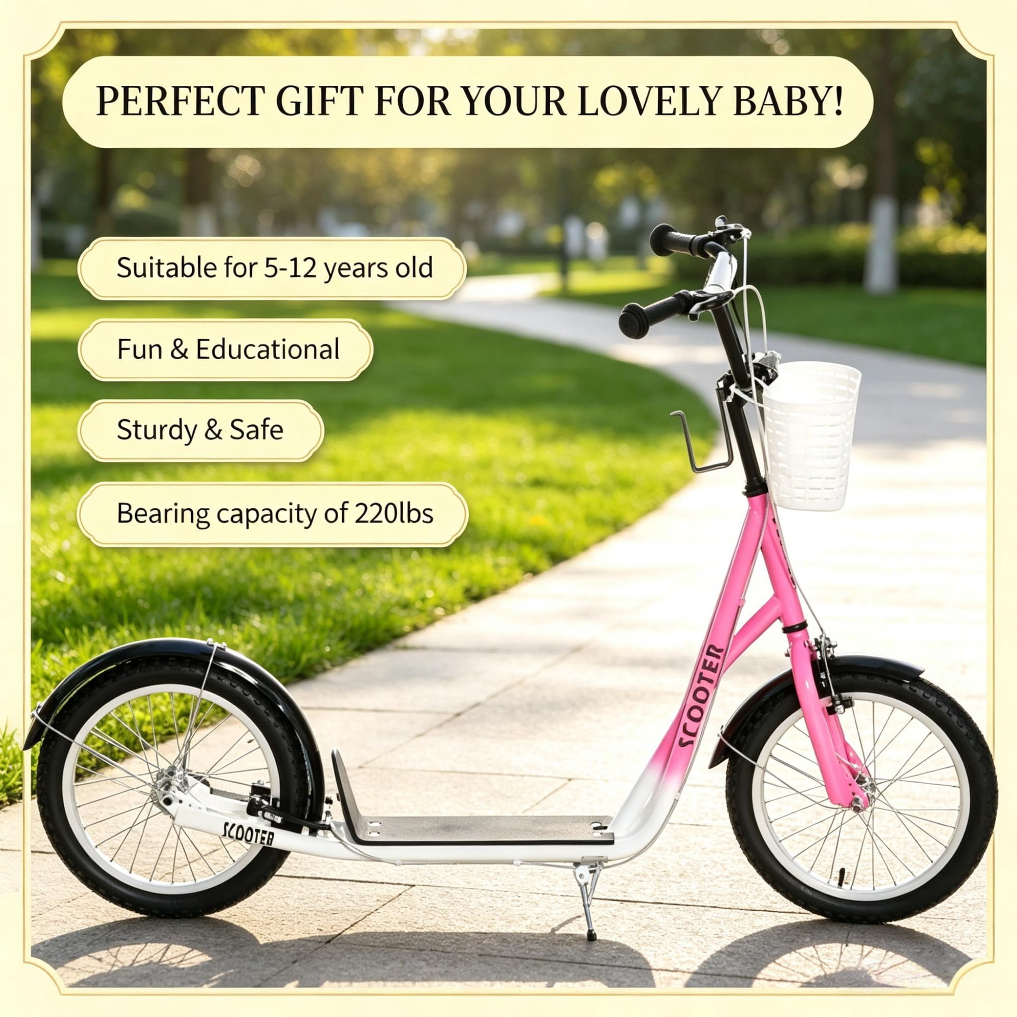 16" Inflatable Youth Scooter, Kick Scooter with Adjustable Handlebars, Double Brakes, Basket and Cupholder, Pink