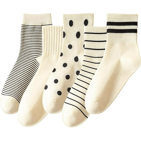 Women Cute Striped Socks, Girls Ankle Aesthetic Crew Cotton Stockings for Women, 5 Pairs of Fashionable Patterned Quarter Girly Socks, Woman Retro Polka Dot Half Calf Stockings for Women