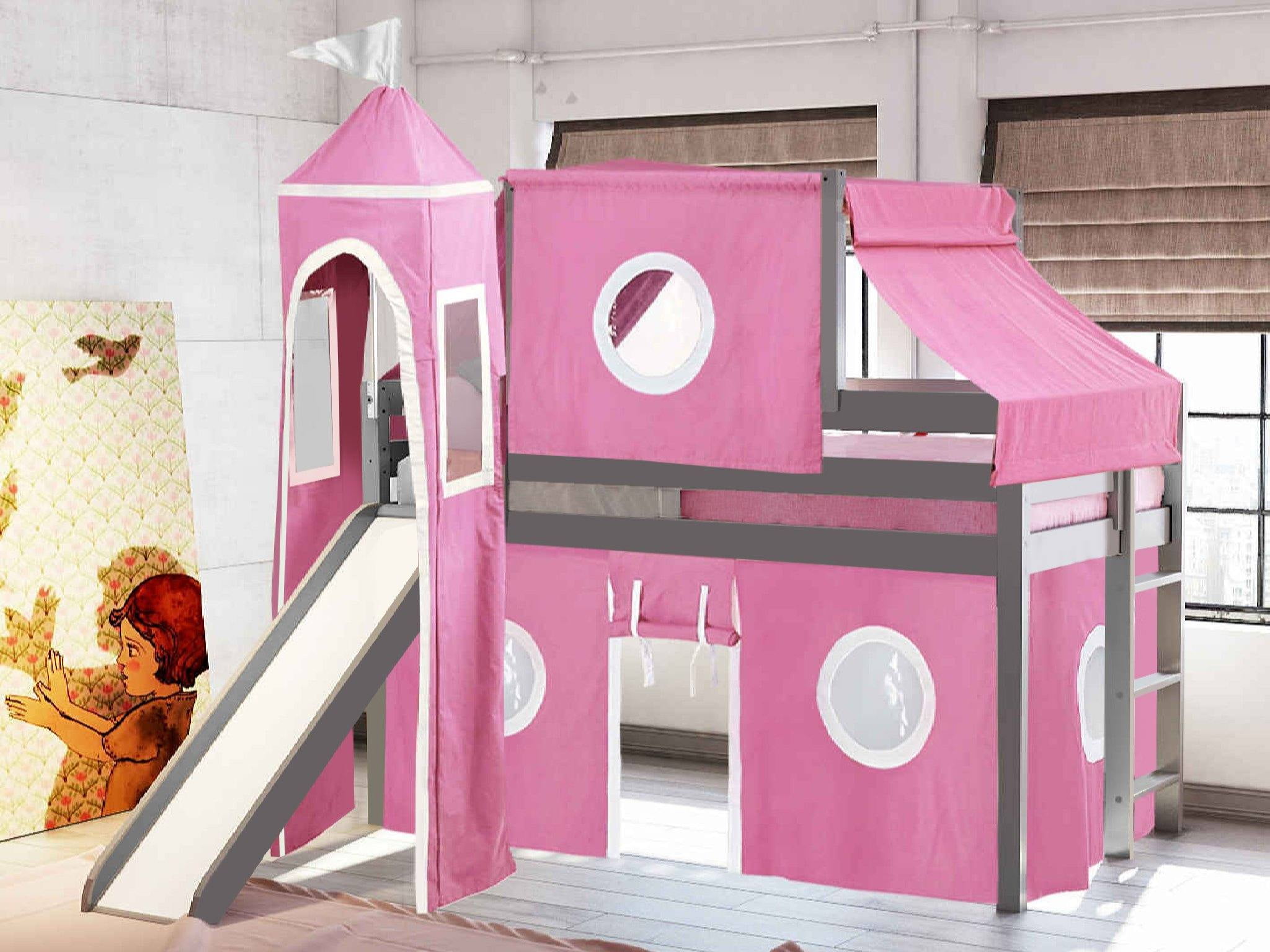 JACKPOT! Princess Low Loft Bed with Slide Pink & White Tent and Tower Loft Bed Twin Gray ...