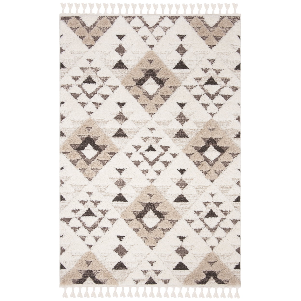 SAFAVIEH Moroccan Tassel Shag Larry Moroccan Geometric Area Rug, Ivory/Brown, 5'3" x 7'6"