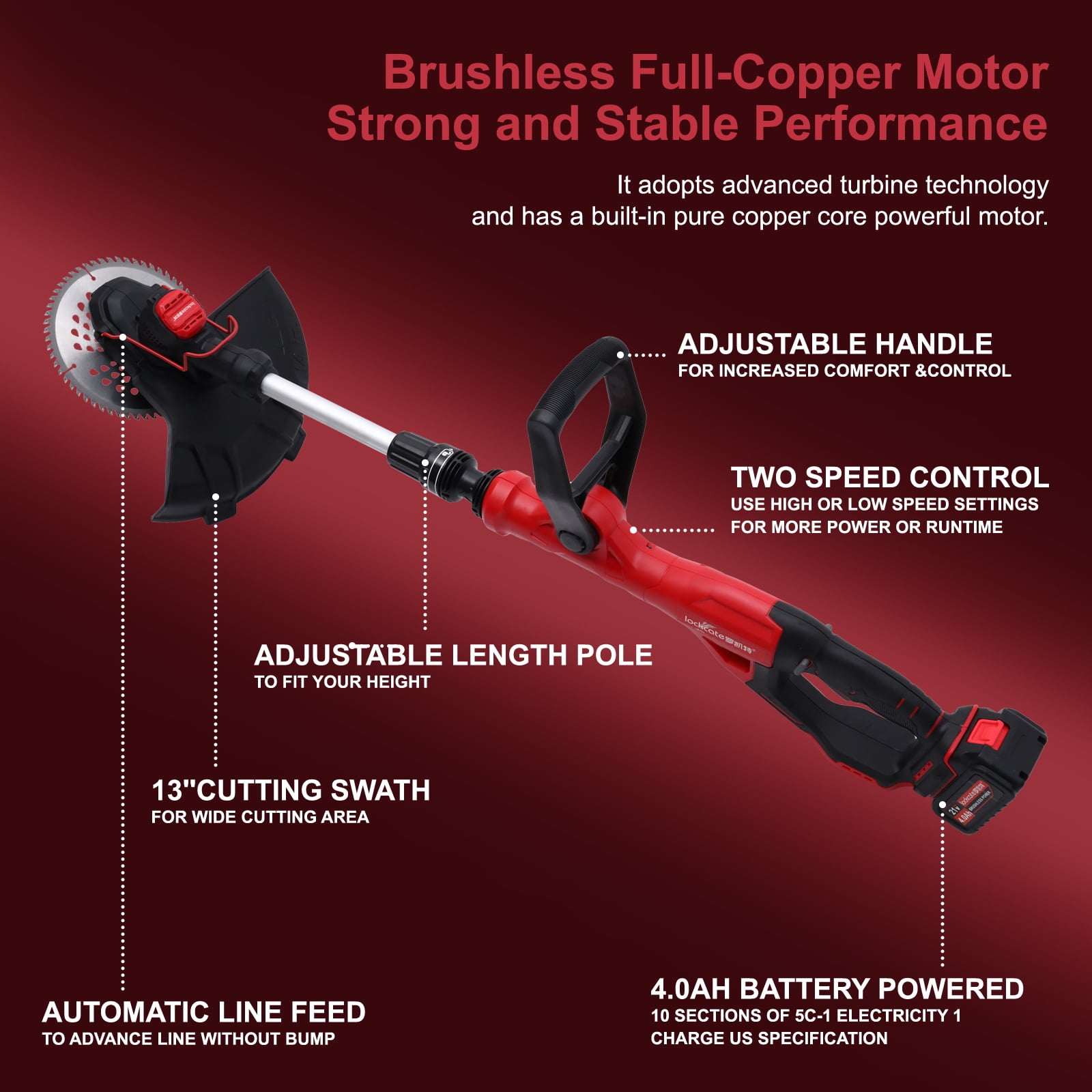 BAOKALER Cordless Brussless Weed Eaters with 4.0Ah 10C Battery, 18000RPM Grass String Trimmer for Wood Cutting Grass Cutting